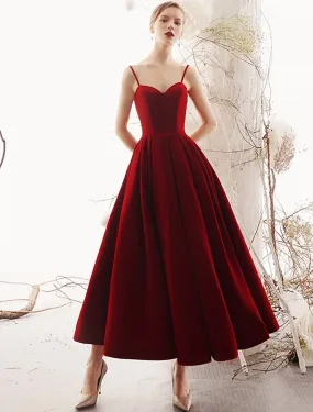 A-Line Prom Dresses Beautiful Back Dress Party Wear Ankle Length Sleeveless Spaghetti Strap Velvet with Sleek Pleats