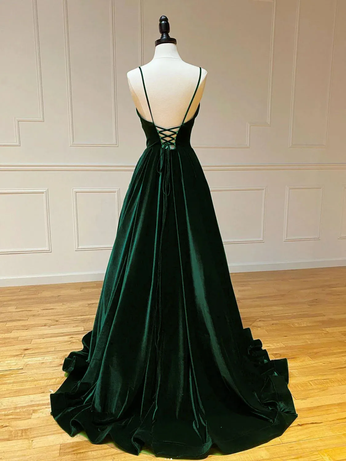 A-Line V Neck Velvet Green Long Prom Dresses Green Velvet Formal Dress