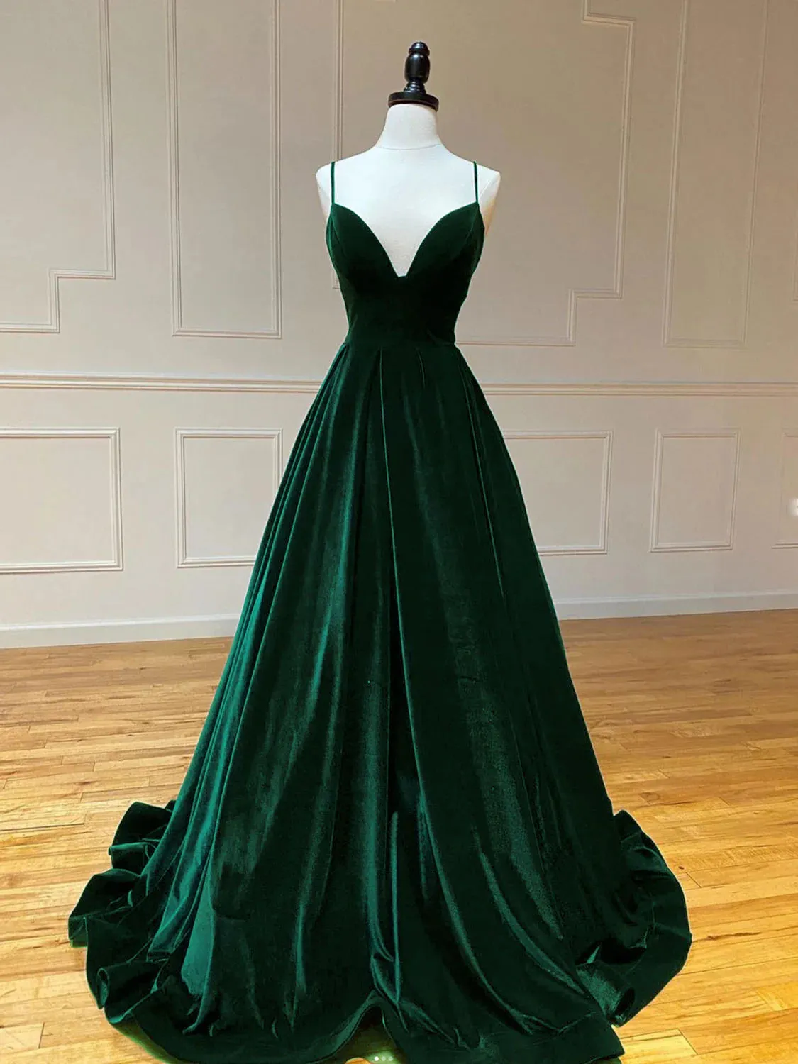 A-Line V Neck Velvet Green Long Prom Dresses Green Velvet Formal Dress