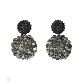 A pair of hand beaded double ball earrings with black glass ...