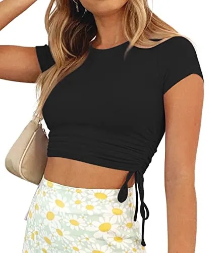 A.dasi Sexy Crop Tops for Women Trendy Scoop Neck Knit Ribbed Fitted Side Drawstring Cropped Tank Top (S-Yellow top)