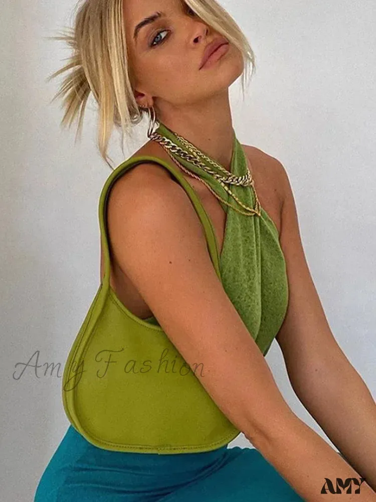 AMY FASHION - Sexy Green Bandage Halter Backless Club Party Crop Top