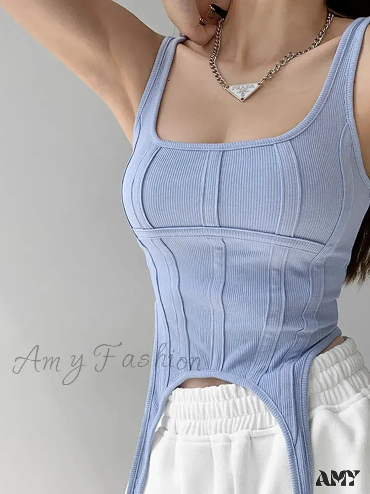 AMY - Safari Style Sleeveless Irregular Sort Tops Crop Top