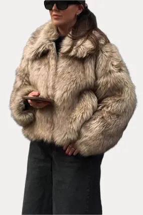 Artificial fur lapel zipper jacket