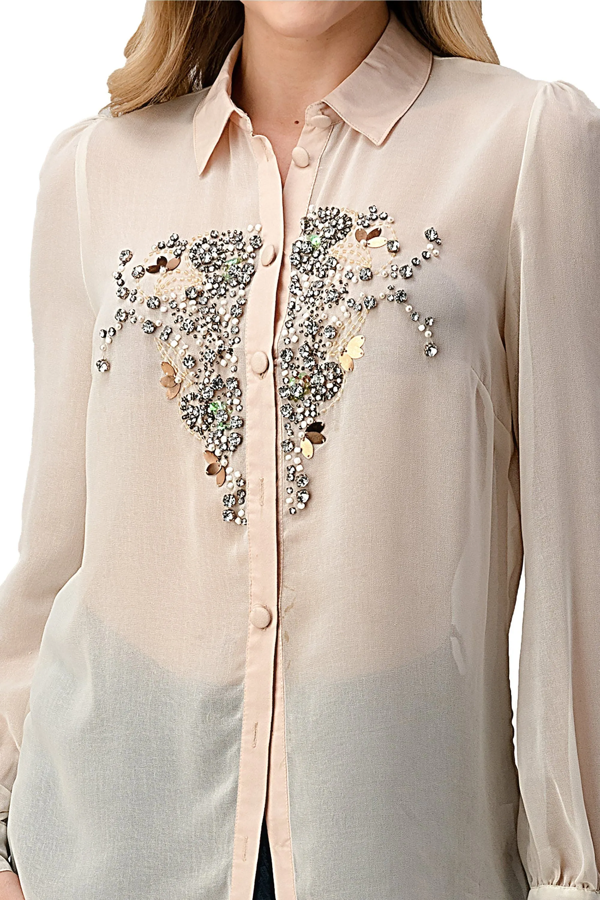 Beaded Jewel Long Sleeve Collar Shirt Top