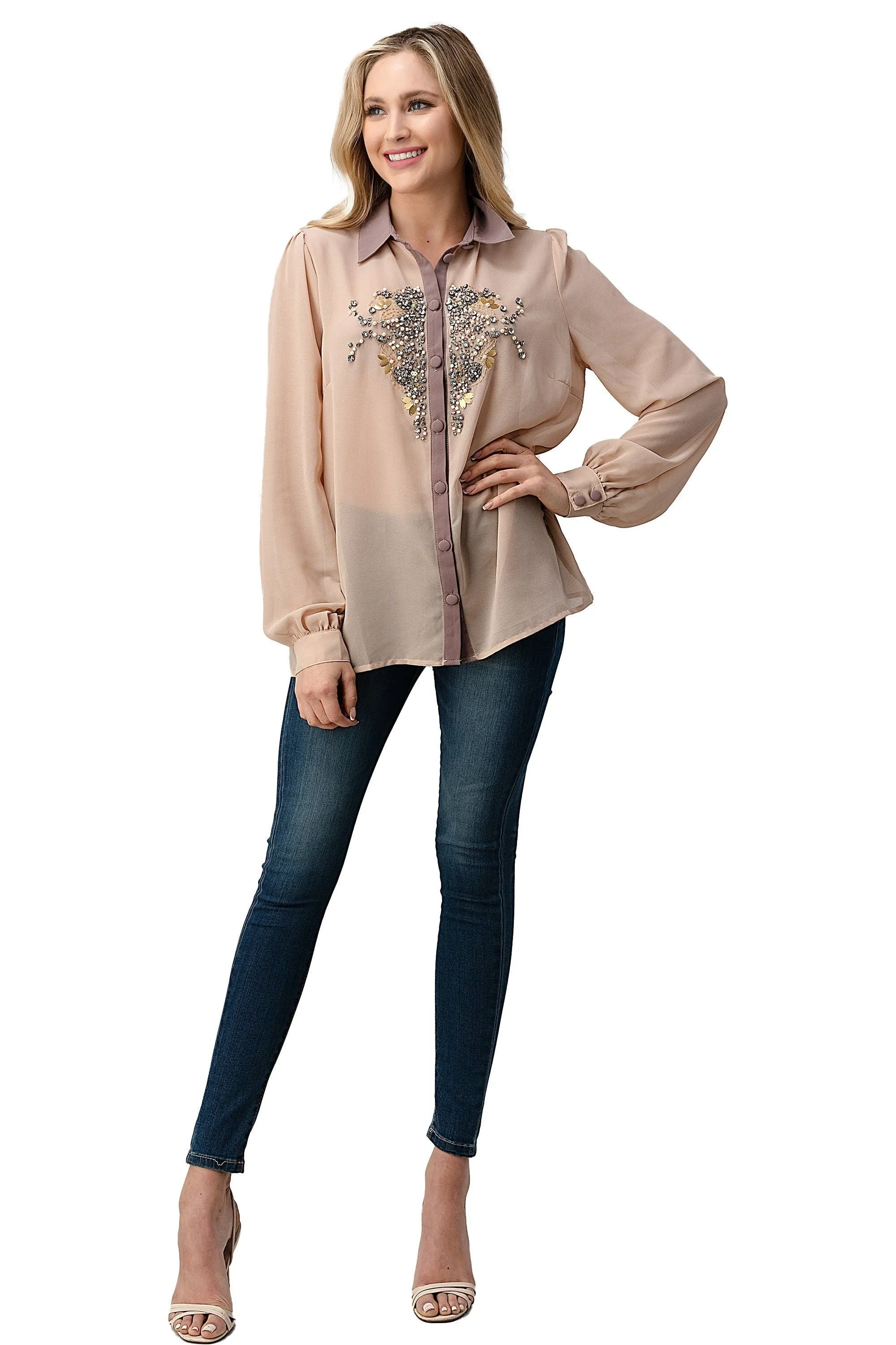 Beaded Jewel Long Sleeve Collar Shirt Top