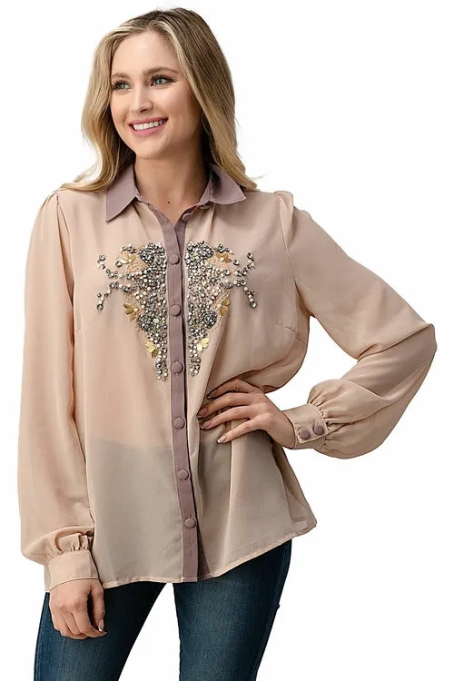 Beaded Jewel Long Sleeve Collar Shirt Top