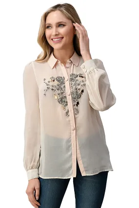 Beaded Jewel Long Sleeve Collar Shirt Top