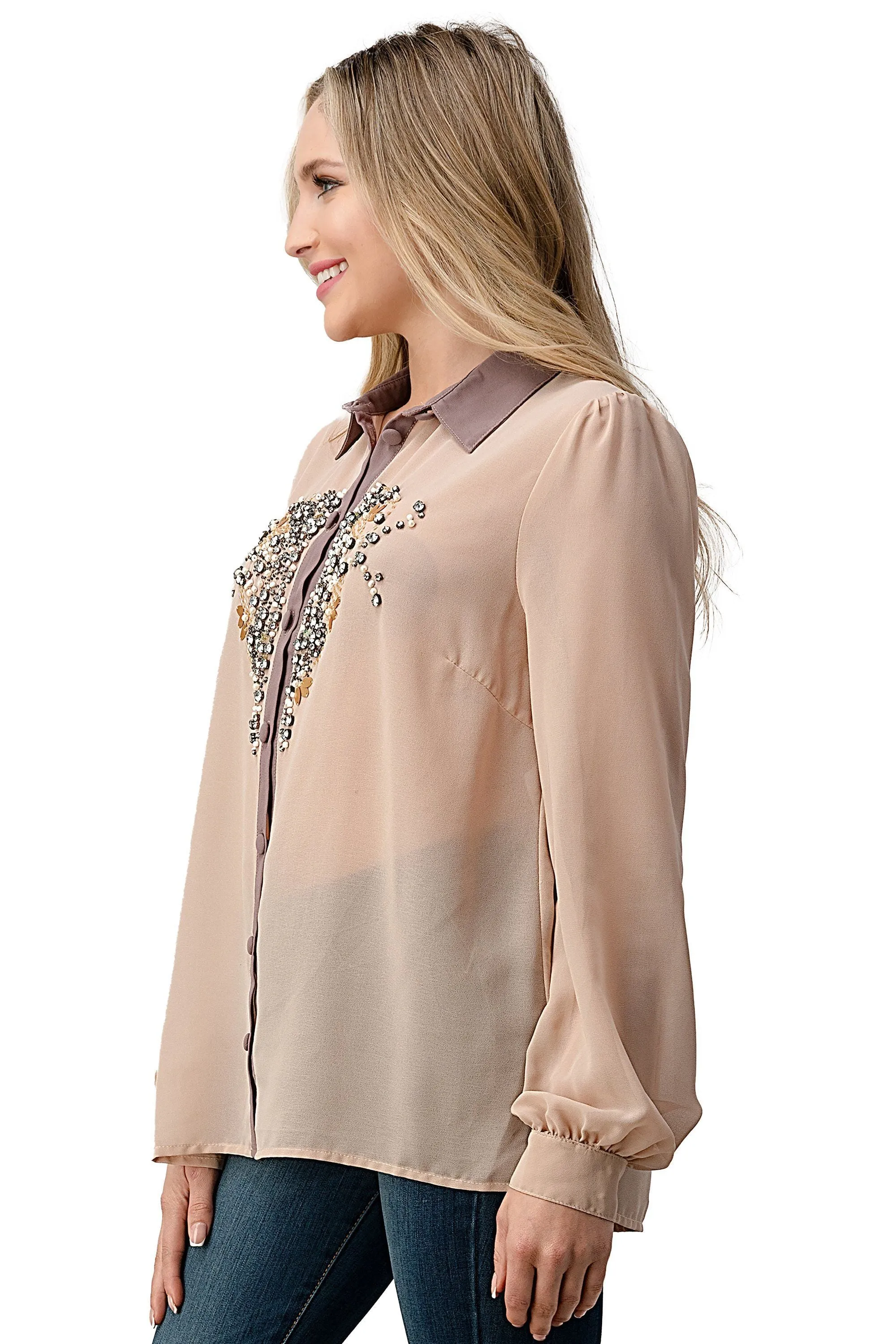 Beaded Jewel Long Sleeve Collar Shirt Top