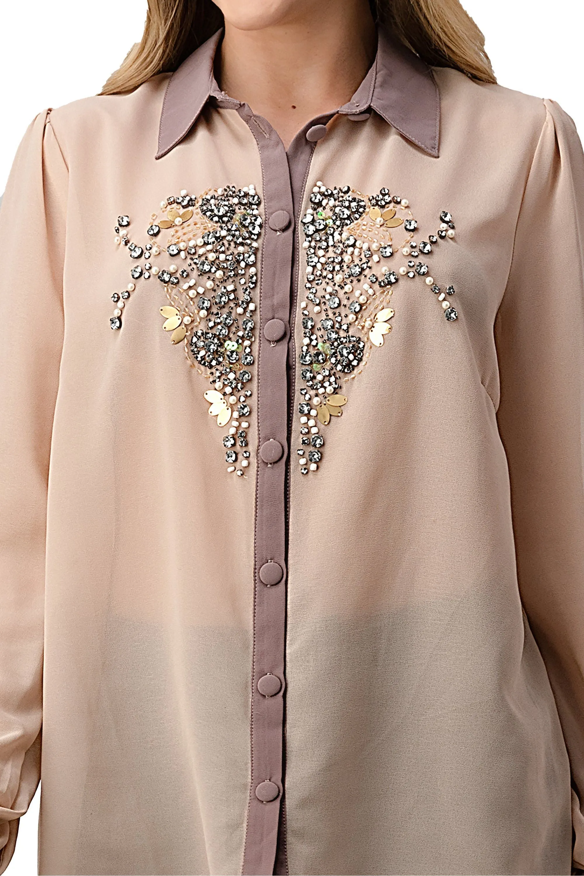 Beaded Jewel Long Sleeve Collar Shirt Top