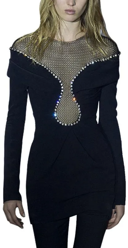 Black Crystal-Beaded Velvet & Mesh Dress