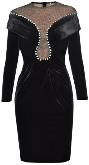 Black Crystal-Beaded Velvet & Mesh Dress