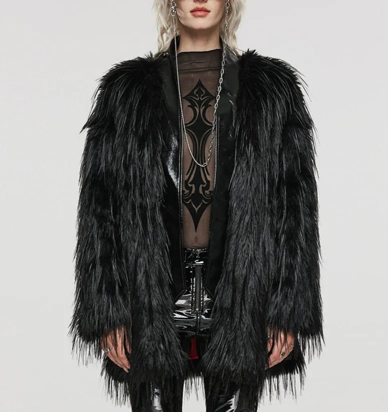 Black Fake Fur Coat w/ Vinyl Pieces