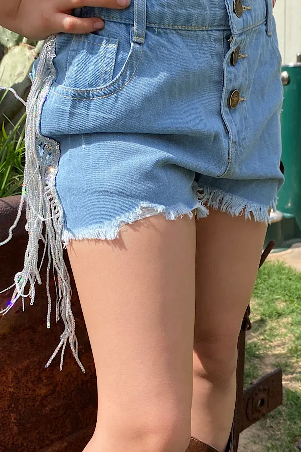 Blue denim girl distressed shorts w/shiny fringe tassels 230114M