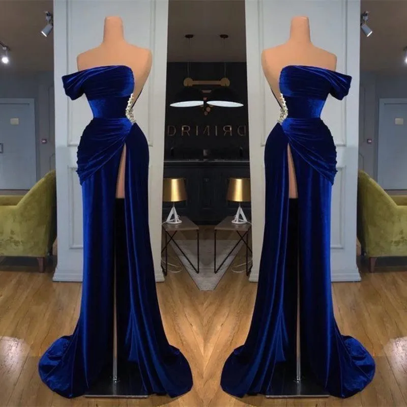 Blue Off-the-Shoulder Velvet Prom Dress Mermaid Long With Split