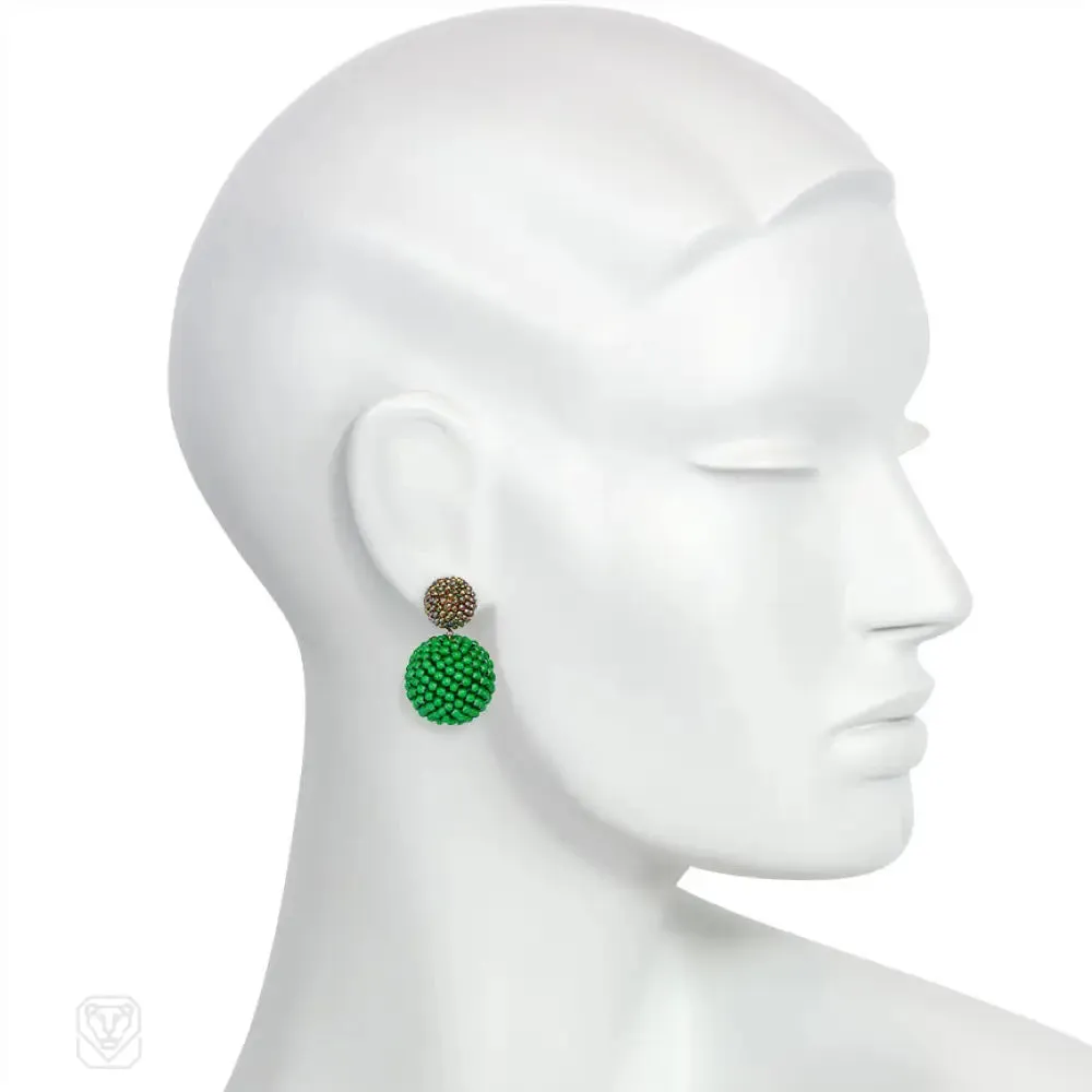 Brown-green luster and green white heart glass beaded earrings