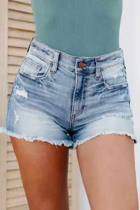 Carmen Mid Rise Sneak Peek Distressed Denim Shorts (Medium)