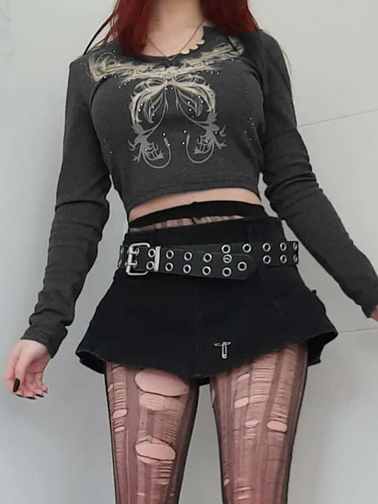 Casual Harajuku Gothic Cropped T-shirt with Printed Design