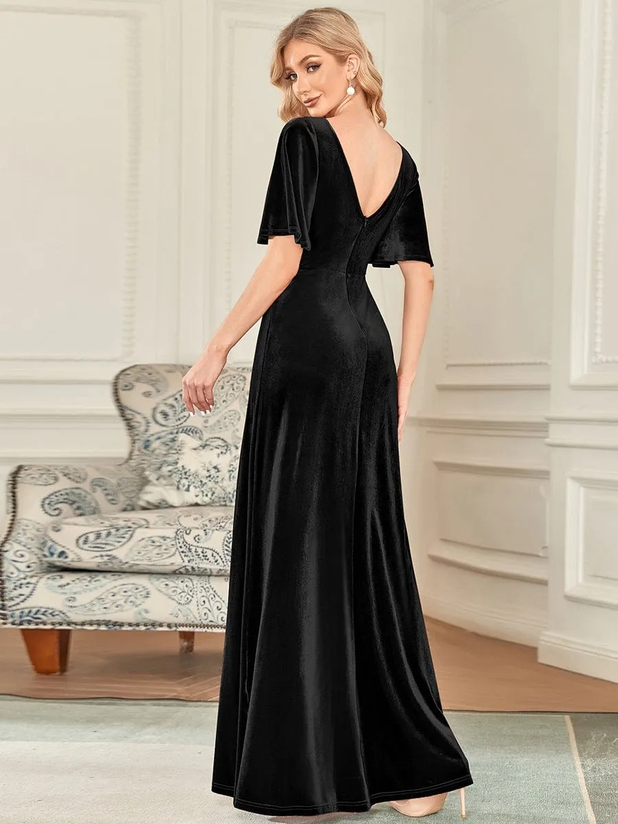 Elegant Double V Neck Velvet Evening Dress with Sleeves