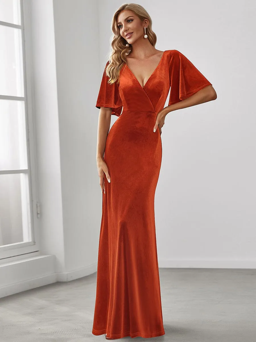 Elegant Double V Neck Velvet Evening Dress with Sleeves