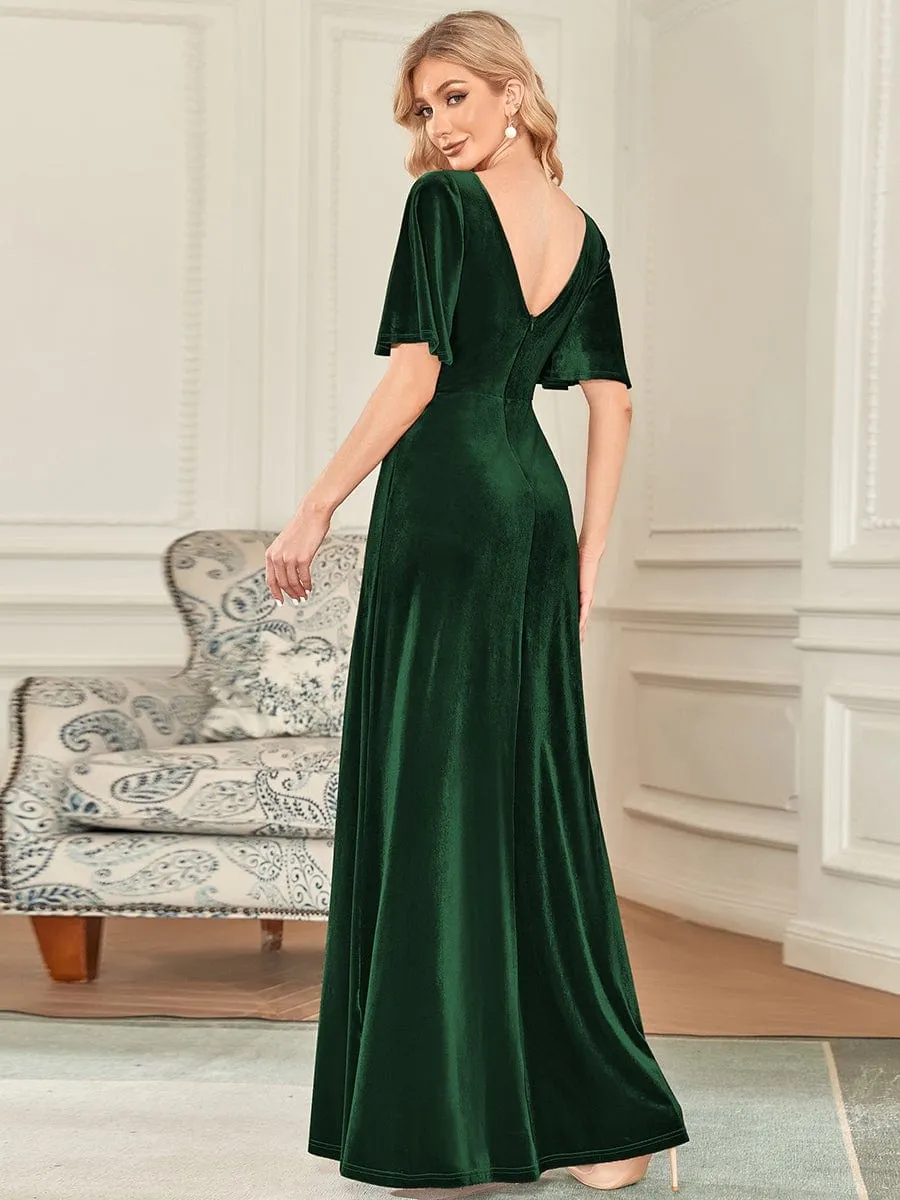 Elegant Double V Neck Velvet Evening Dress with Sleeves