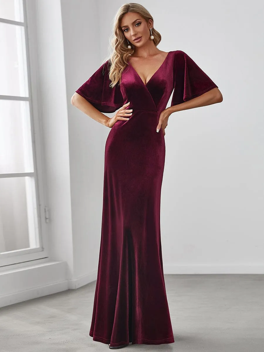 Elegant Double V Neck Velvet Evening Dress with Sleeves