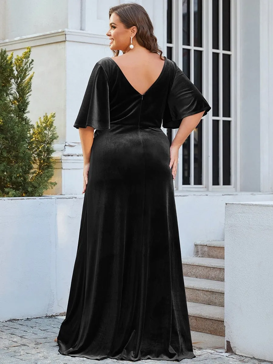 Elegant Double V Neck Velvet Evening Dress with Sleeves