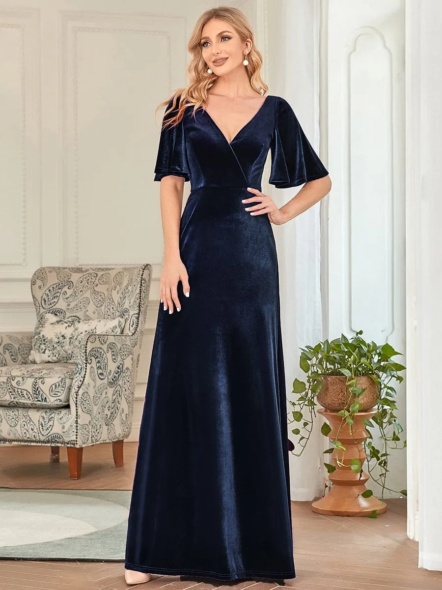 Elegant Double V Neck Velvet Evening Dress with Sleeves