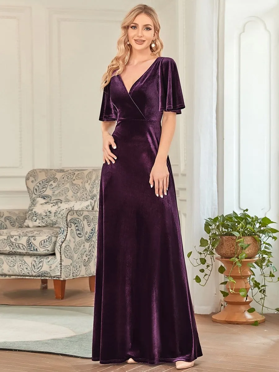 Elegant Double V Neck Velvet Evening Dress with Sleeves