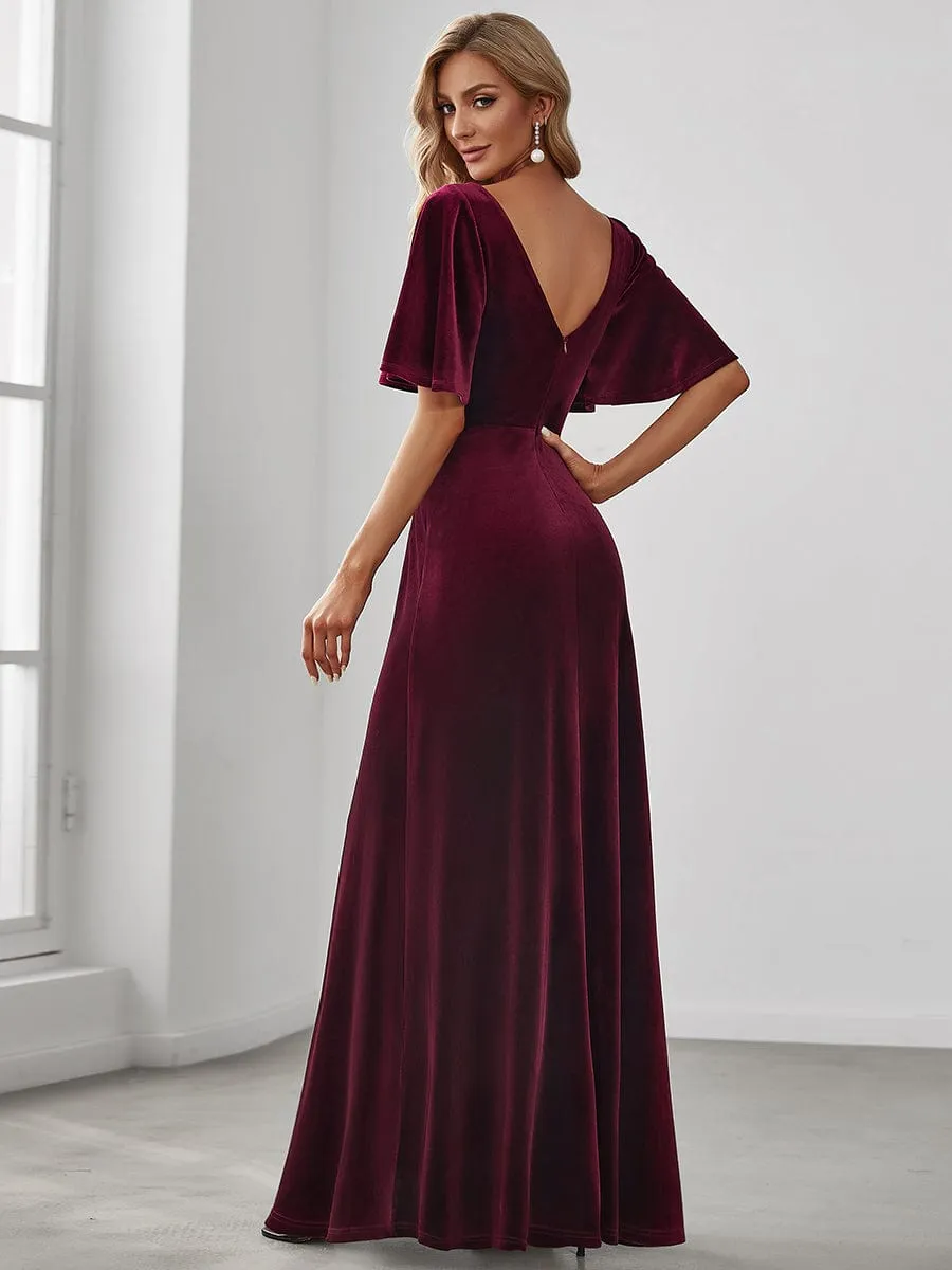 Elegant Double V Neck Velvet Evening Dress with Sleeves