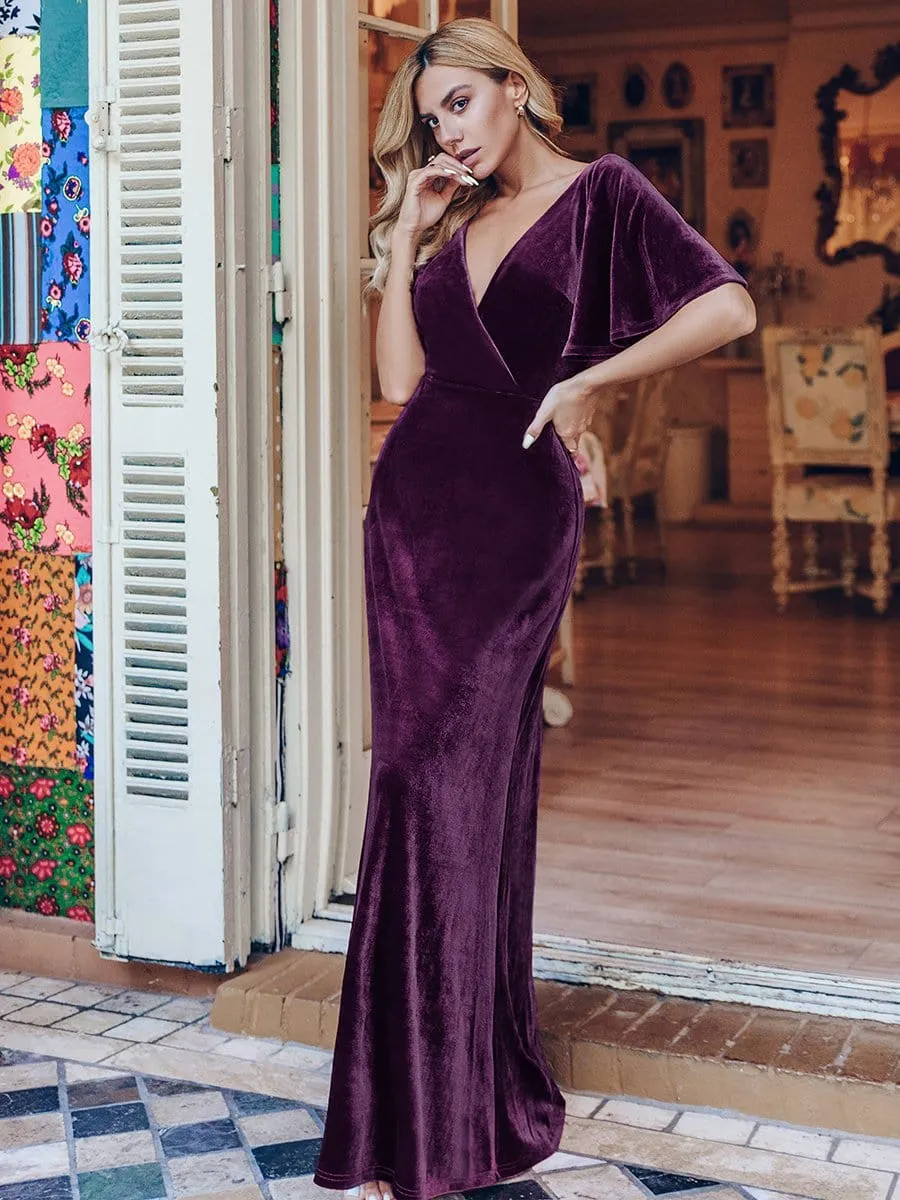 Elegant Double V Neck Velvet Evening Dress with Sleeves