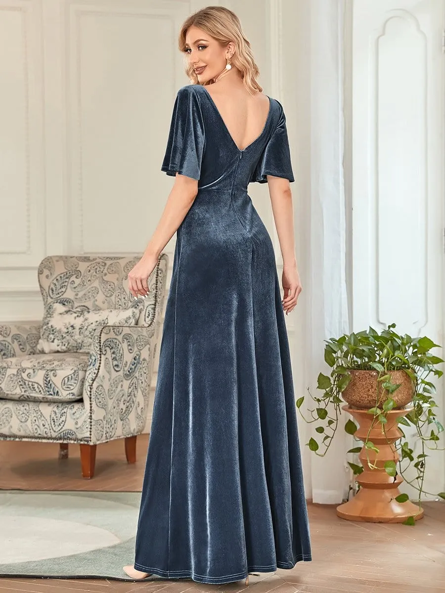 Elegant Double V Neck Velvet Evening Dress with Sleeves