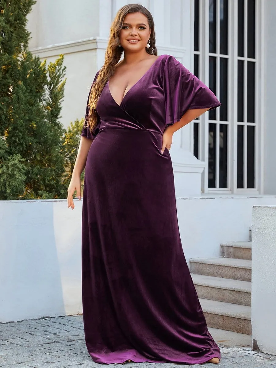 Elegant Double V Neck Velvet Evening Dress with Sleeves