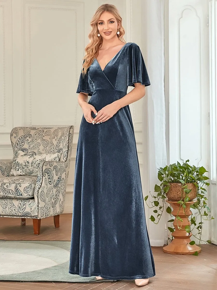 Elegant Double V Neck Velvet Evening Dress with Sleeves