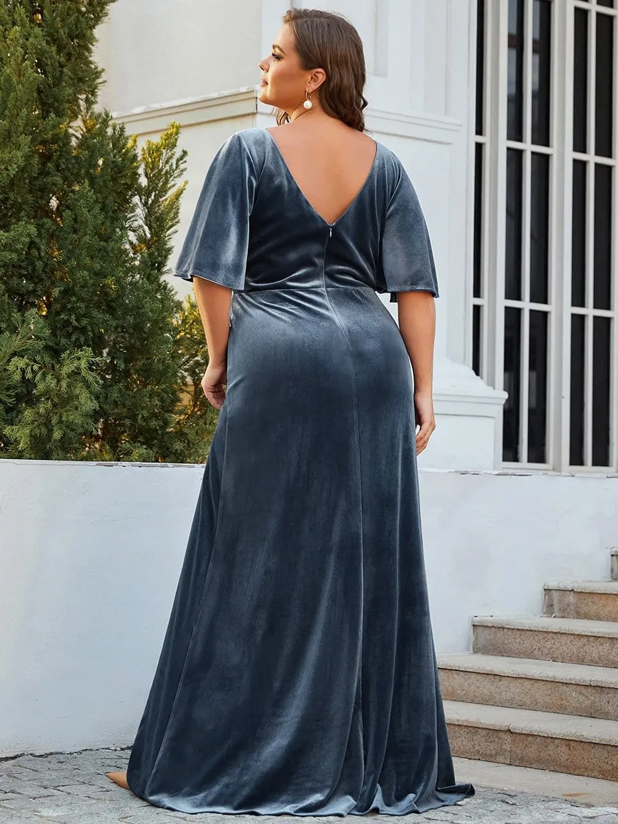 Elegant Double V Neck Velvet Evening Dress with Sleeves