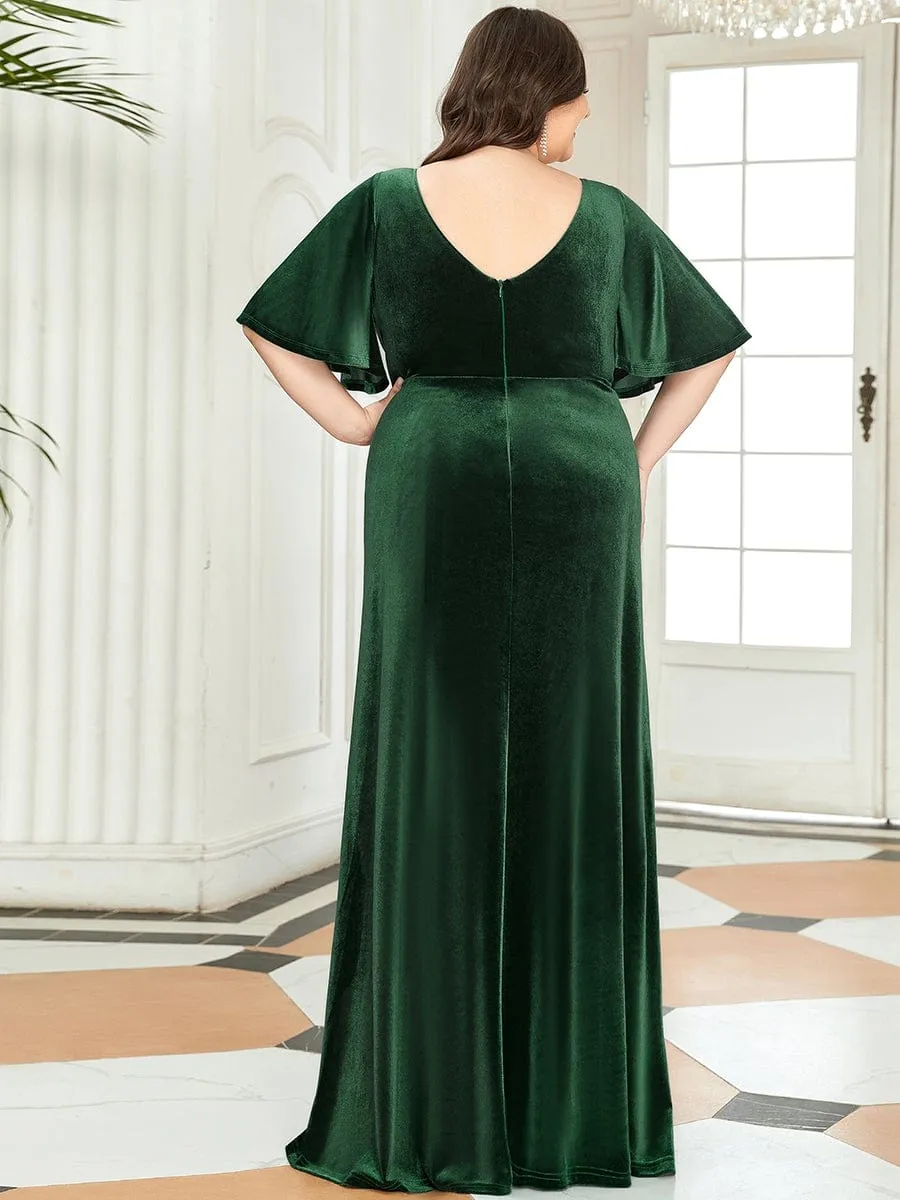 Elegant Double V Neck Velvet Evening Dress with Sleeves