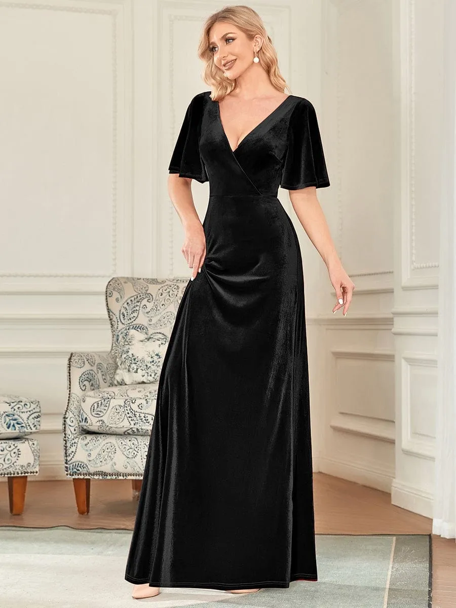 Elegant Double V Neck Velvet Evening Dress with Sleeves