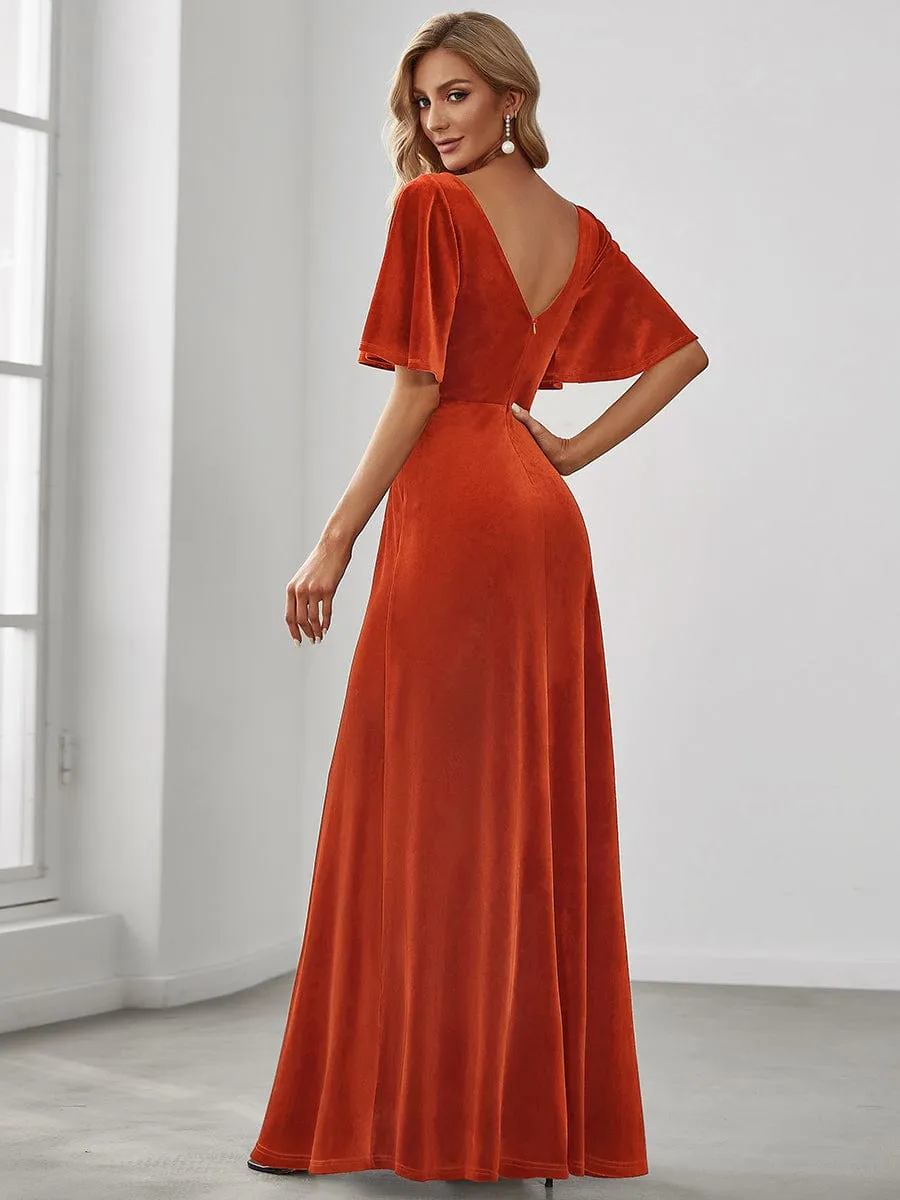 Elegant Double V Neck Velvet Evening Dress with Sleeves