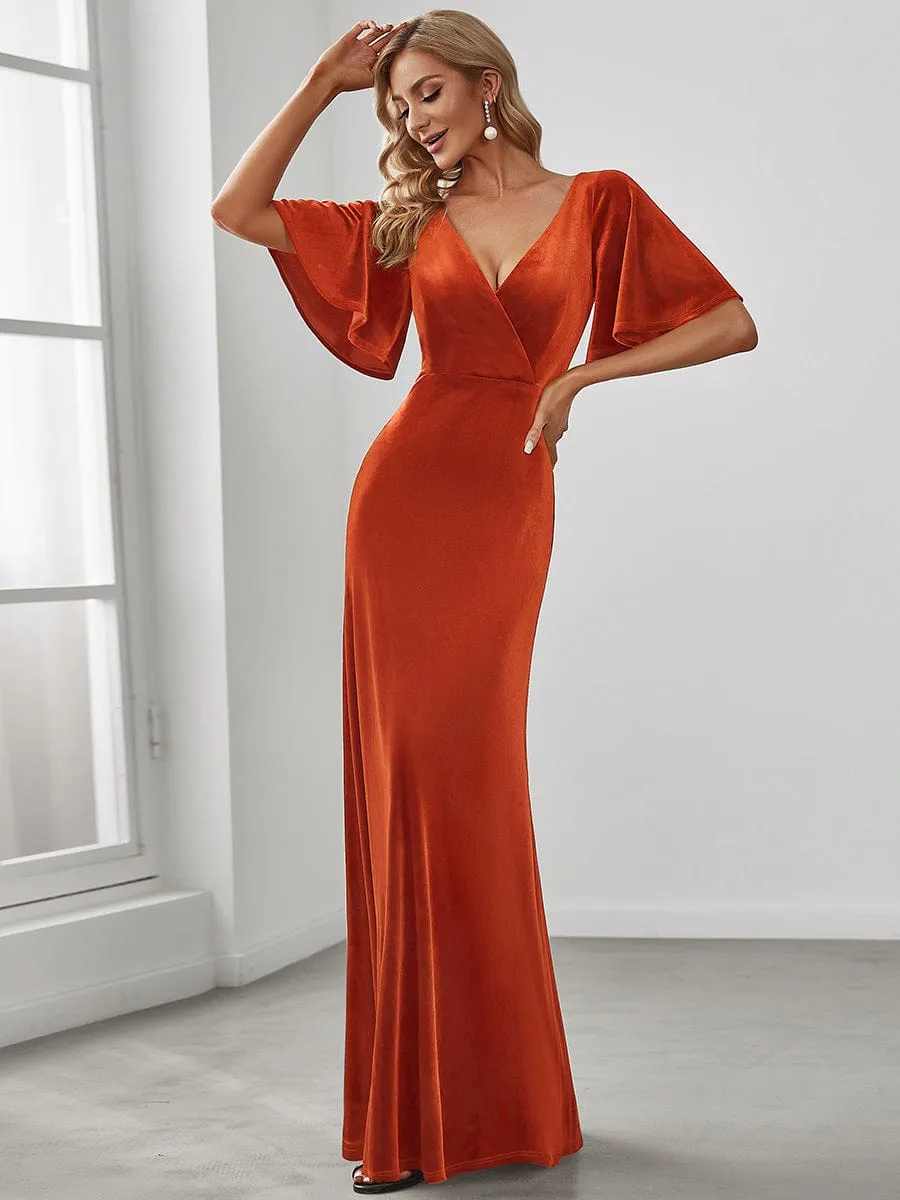 Elegant Double V Neck Velvet Evening Dress with Sleeves