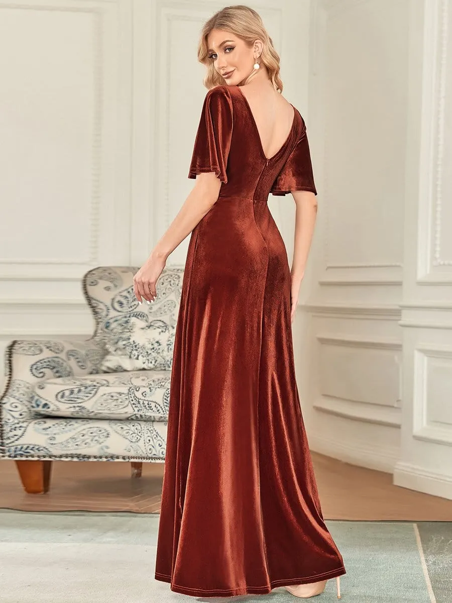 Elegant Double V Neck Velvet Evening Dress with Sleeves