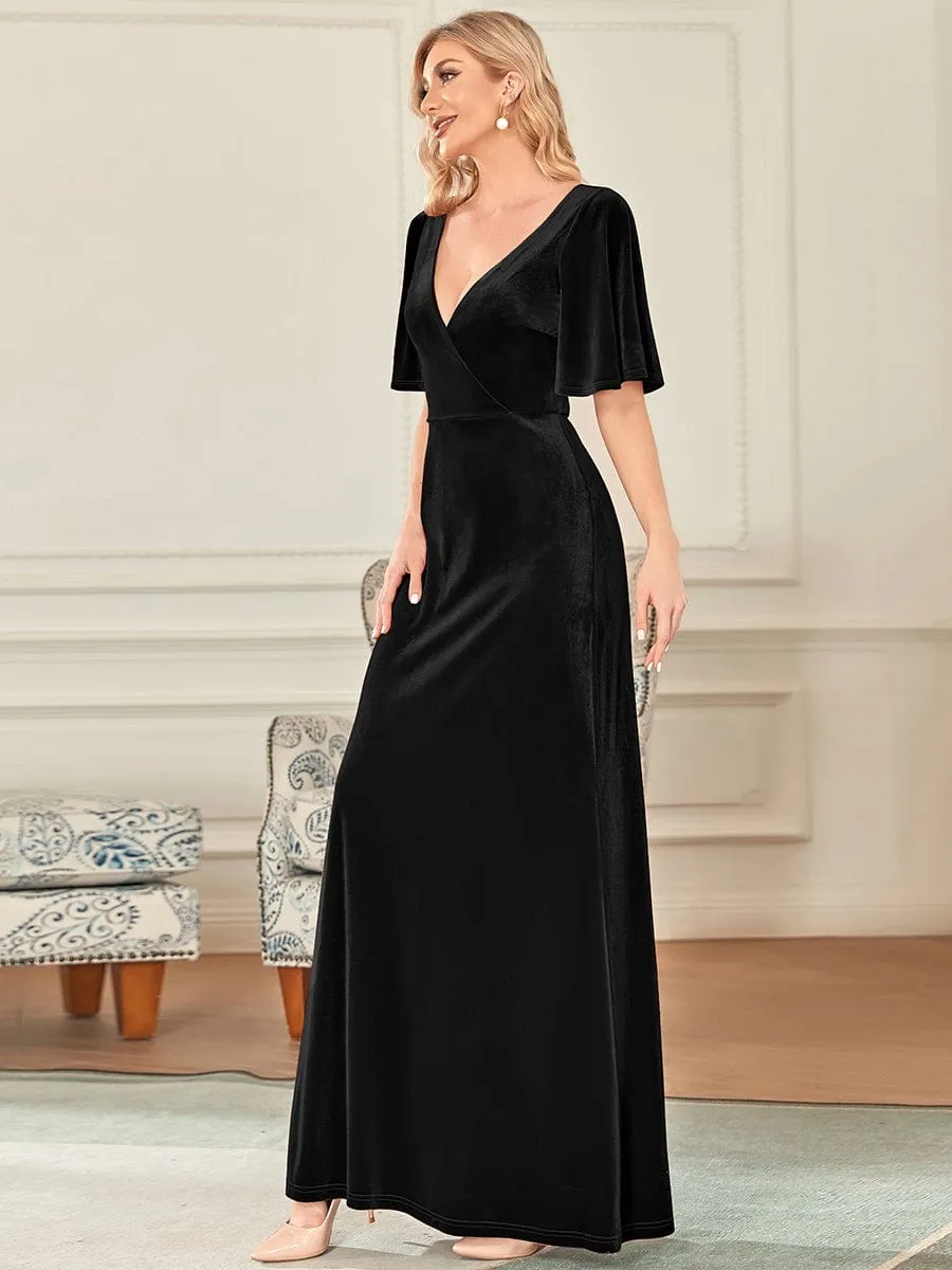 Elegant Double V Neck Velvet Evening Dress with Sleeves