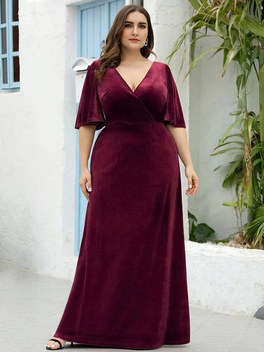 Elegant Double V Neck Velvet Evening Dress with Sleeves