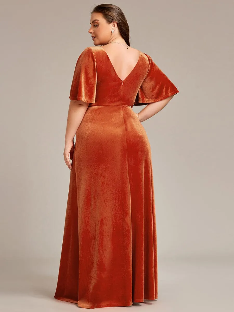 Elegant Double V Neck Velvet Evening Dress with Sleeves