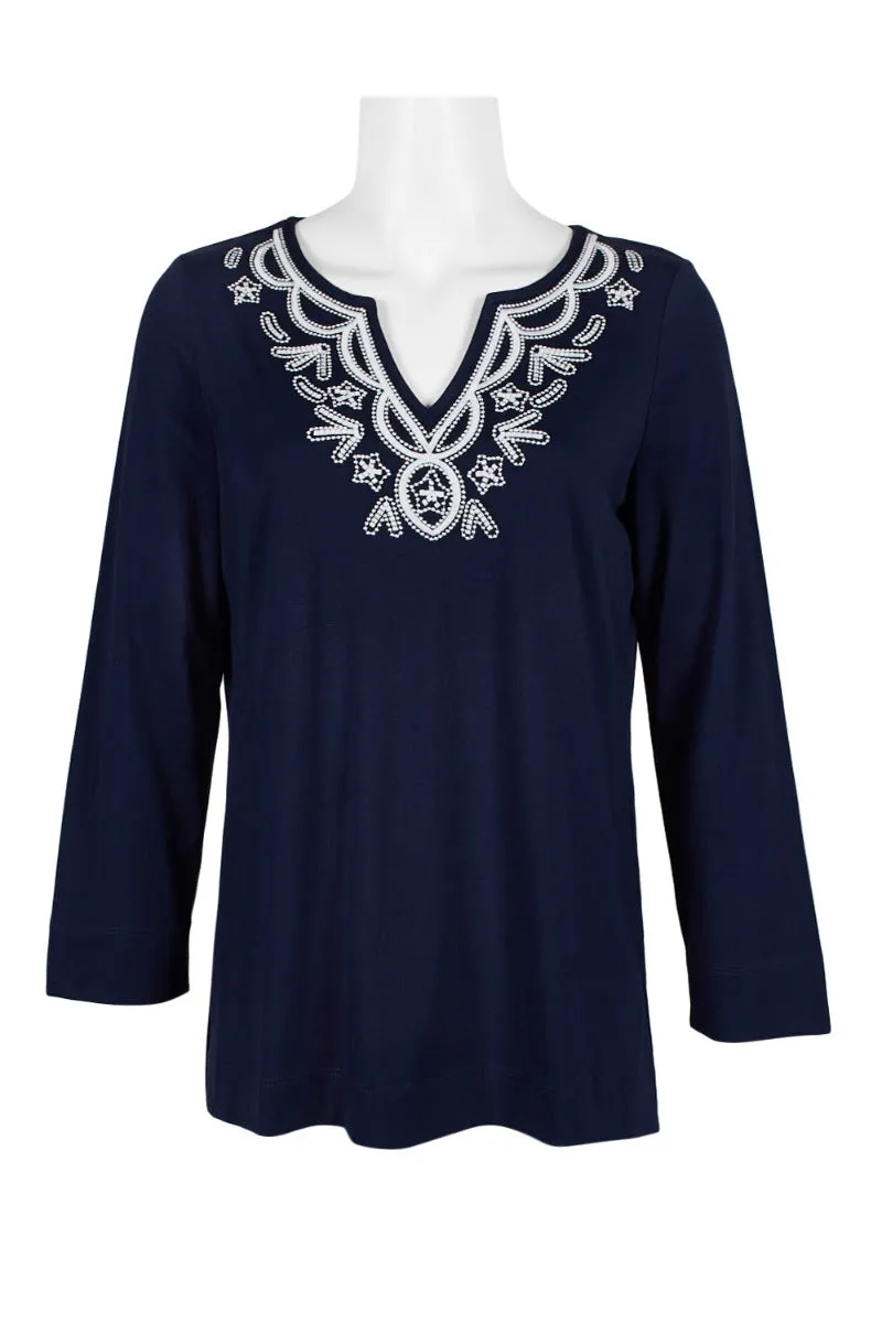 Evan Picone Embellished V-Neck Long Sleeve Solid Cotton Top