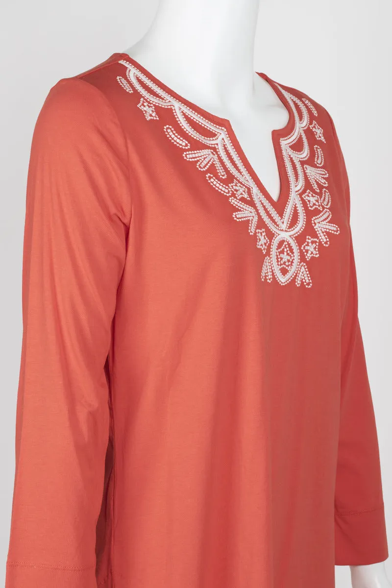 Evan Picone Embellished V-Neck Long Sleeve Solid Cotton Top