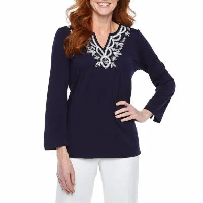 Evan Picone Embellished V-Neck Long Sleeve Solid Cotton Top