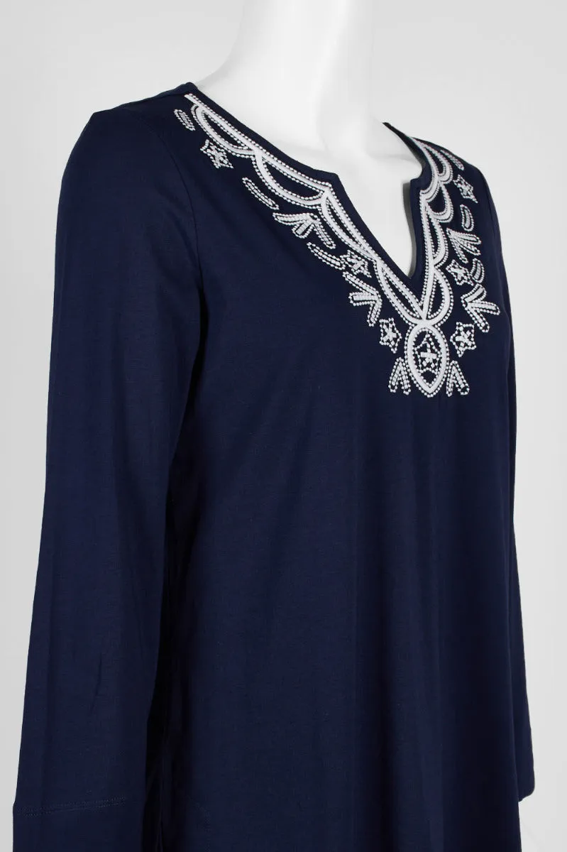 Evan Picone Embellished V-Neck Long Sleeve Solid Cotton Top