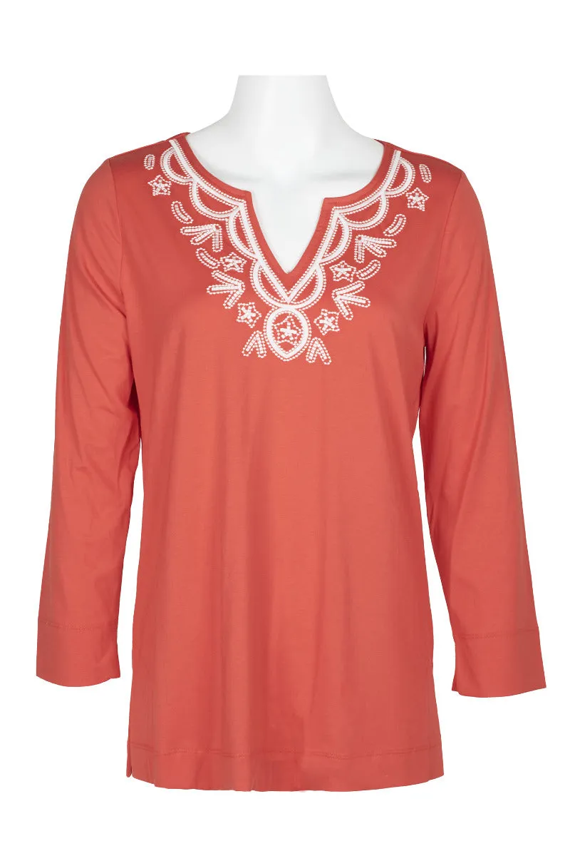 Evan Picone Embellished V-Neck Long Sleeve Solid Cotton Top