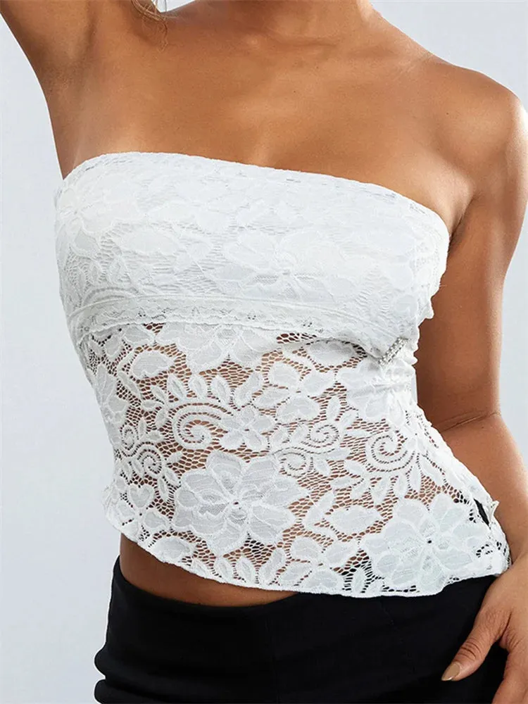 FashionSierra - 2024 Sexy Summer Fashion Tube Sleeveless Lace Floral Bustiers Irregular Hem Corsets Mini Vest  Crop Tops