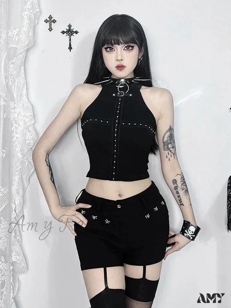 Gothic Sleeveless Sexy Harajuku Darkness Knit Summer Crop Bodycon Top Halter Black Punk